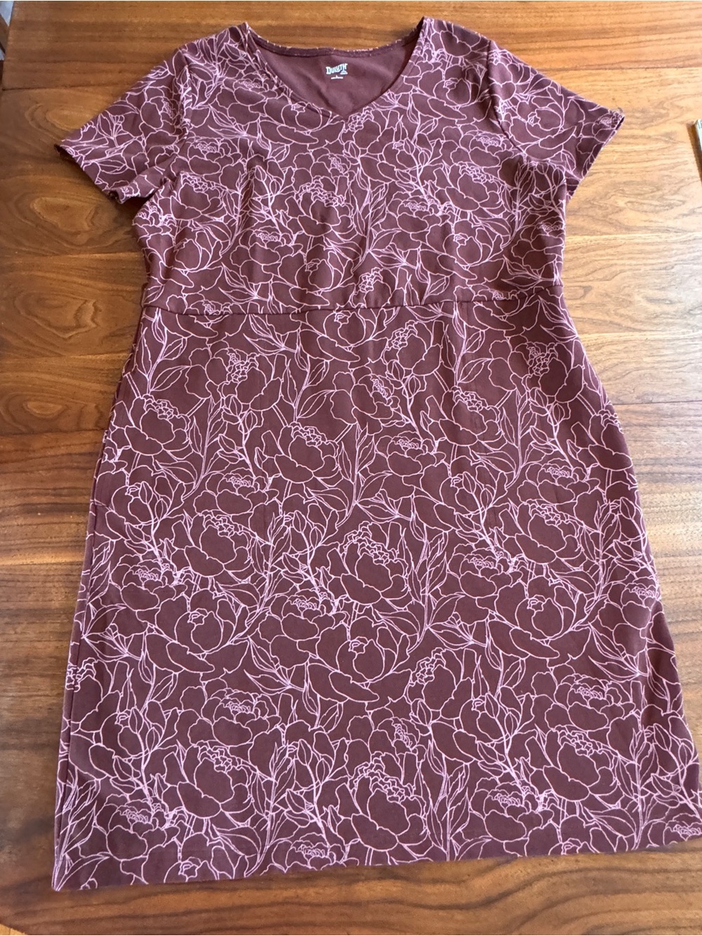 Duluth Trading Cotton Jersey Knit V Neck Floral Outline Dress in EUC w/Pockets L